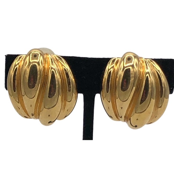 St John Clip On Earrings Gold Tone Chunky Huge Puffy Statement 1980s Jewelry - Picture 1 of 8